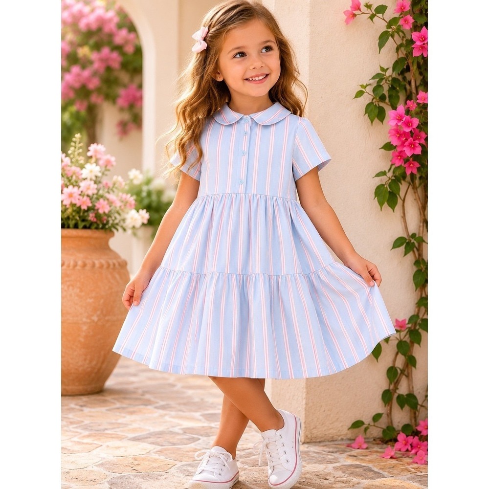 H&M Girls Blue Pink Stripe Tiered Shirt Dress Cotton Size 4-5Y 110 Collared